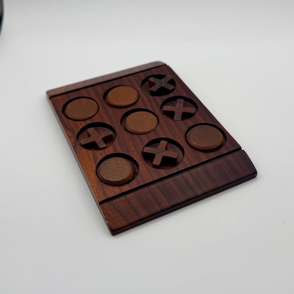 Vintage Wooden Tic Tac Toe Travel Game Set Handcrafted Wood Board with Pieces